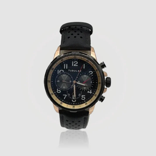 Tubular | Black Leather Strap | Chronograph |Gold Case