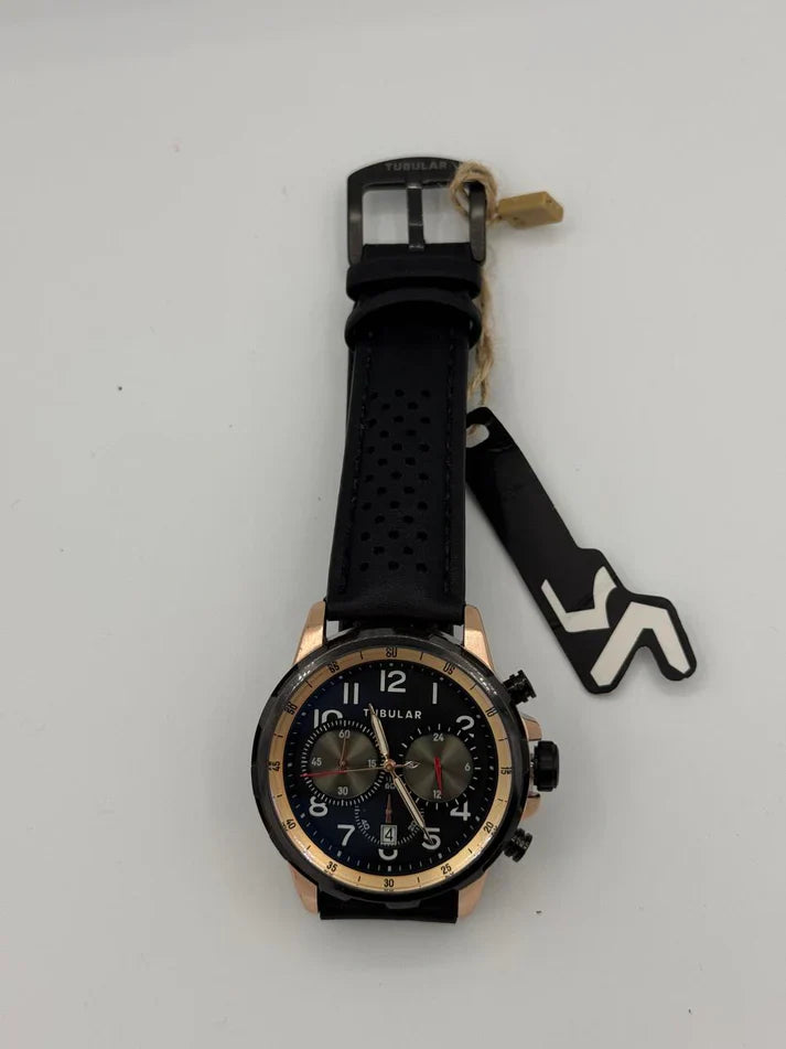 Tubular | Black Leather Strap | Chronograph |Gold Case